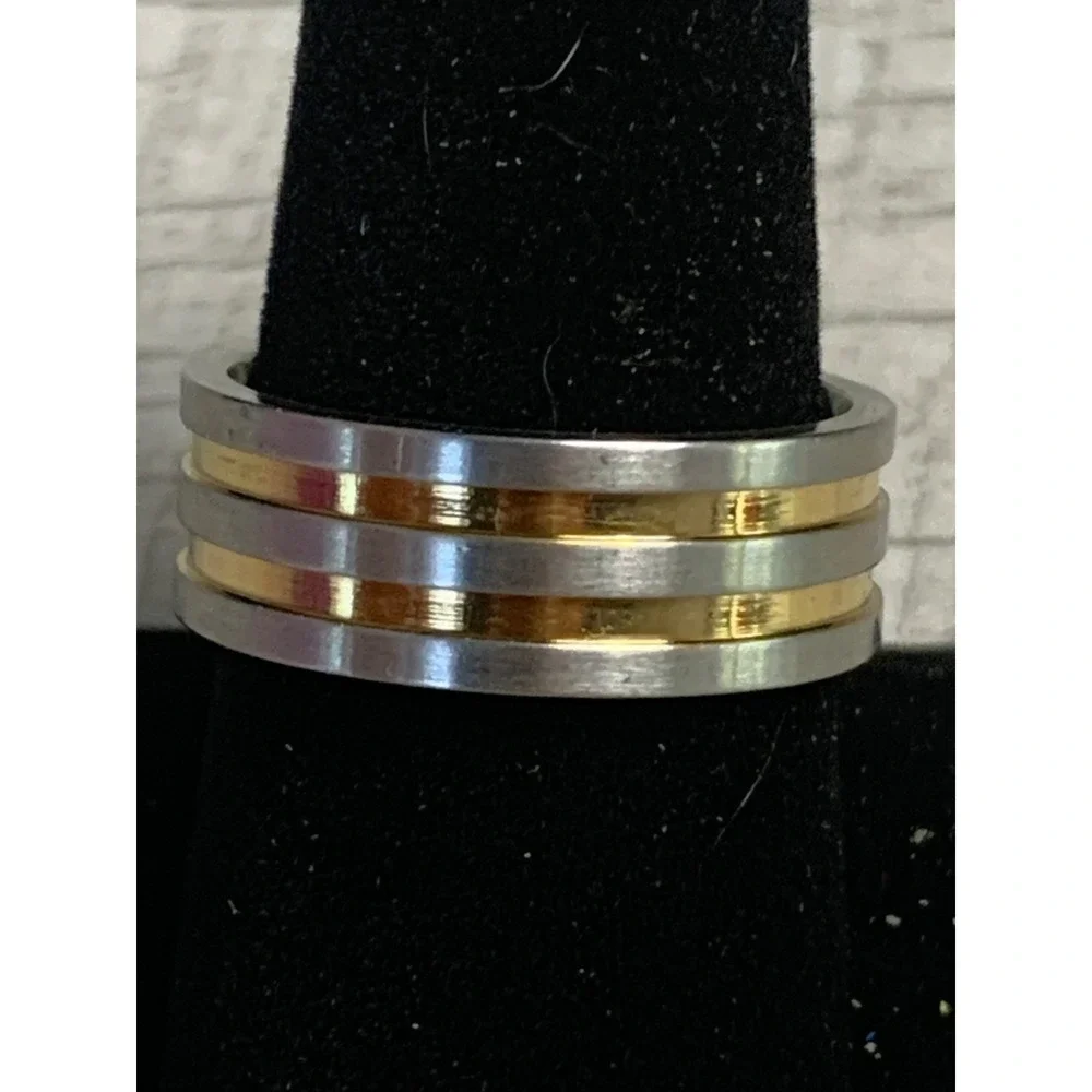 Mens Two Tone Silver Gold Band Ring Brushed Finish Modern Minimalist Sz 9.5 3418